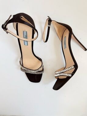 Prada  Crystal Embellished Satin Sandal Heels Black EU 38 Rhinestone Stiletto